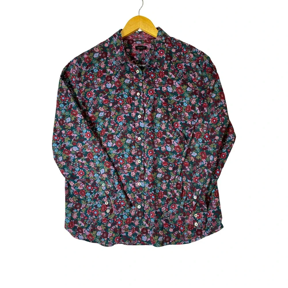 Talbots Womens Floral Button Down Shirt Teal Burgundy Cotton Rayon Size L Fall